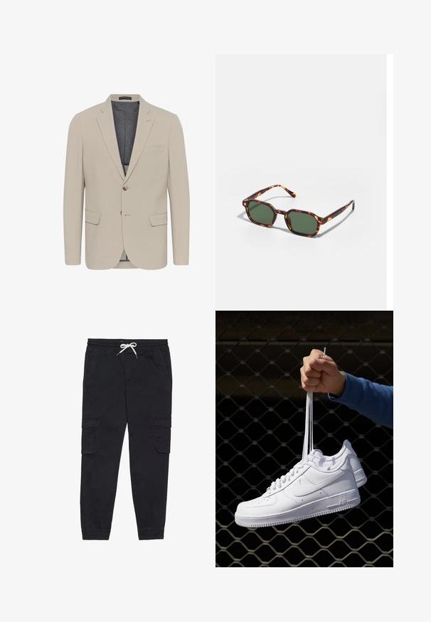 Beżowa marynarka o gładkiej fakturze, z dwoma przednimi kieszeniami, jednorzędowym fasonem i zapięciem na jeden guzik; ma kontrastową podszewkę.; Biała koszulka z krótkim rękawem, wykonana z bawełny, z okrągłym dekoltem i gładką fakturą, zaprojektowana do noszenia na co dzień.; Czarne spodnie cargo wykonane z bawełny, z elastycznym pasem na sznurek, bocznymi kieszeniami oraz zwężanymi nogawkami.; Białe skórzane sneakersy z perforacjami, okrągłym noskiem, płaską podeszwą i grubymi sznurówkami, z widocznym logo swoosh i napisem „AIR” na pięcie.; Okulary przeciwsłoneczne w kolorze żółwim z zielonymi soczewkami, o ośmiokątnym kształcie i cienkich, zakrzywionych ramionach. Materiał ma błyszczące wykończenie.