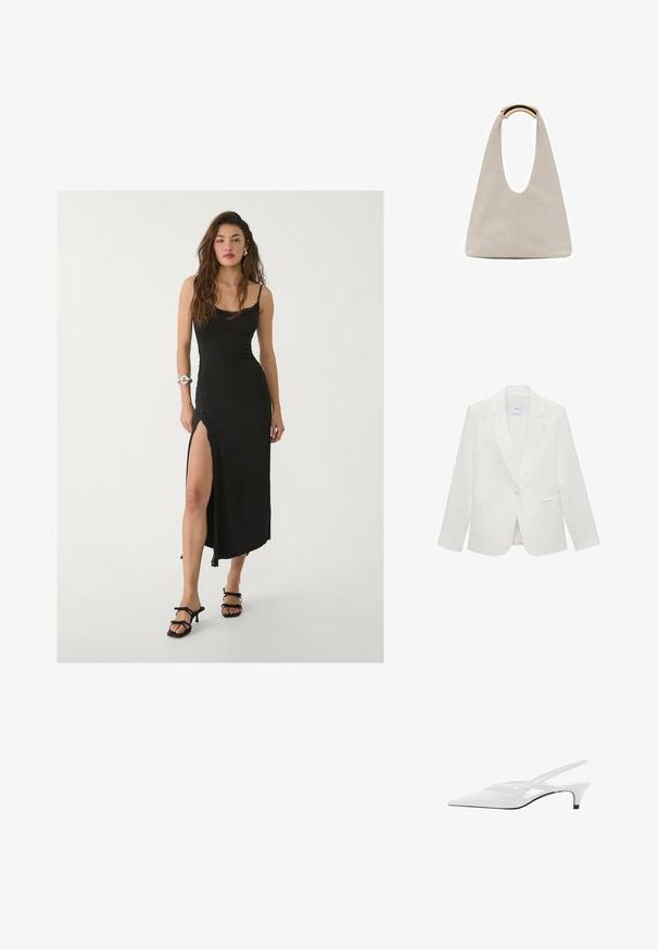 Hvid skræddersyet blazer med reverskrave, enkelt knaplukning, to forlommer og et glat tekstureret stof.; Sort maxi-kjole med spaghetti-stropper, sideslids, glat stof og blonderdetaljer. Båret med sorte stiletter.; Hvide slingback hæle med spids tå, der har en glat overdel, subtile udskæringer og en lav blokhæl. Den sorte sål fremhæver designet.; Lysegrå lædertaske med et U-formet design og et buet metallisk håndtag. Glat tekstur med minimal syning og ingen synlige mønstre.