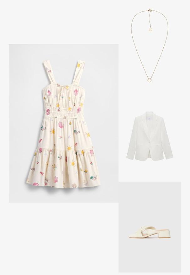 Weißer maßgeschneiderter Blazer mit Reverskragen, einer Knopfschnalle, zwei Fronttaschen und einem glatten Textil.; GAP TIE FRONT SMOCKED MINI - Freizeitkleid - ditsy shell; Ecrufarbene Blockabsatzsandalen mit gedrehten Riemen und flachem Fußbett. Glattes synthetisches Material mit matter Oberfläche.; Hellgraue Kunstlederhandtasche mit goldener Kettenriemen, die über einen V-förmigen Verschluss und eine Quaste verfügt. Glatte Textur, rechteckige Form.; Goldfarbene Halskette mit einem blumenförmigen Anhänger und einem durchsichtigen Zentrum. Zarte Glieder und ein Karabinerverschluss.