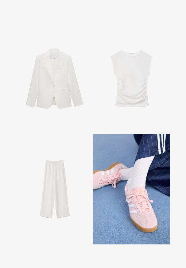 Bijela sako jakna s oštrim reverima, zatvaranjem na jedan gumb, dva prednja džepa i glatkom teksturom tkanine.; Bijela majica bez rukava s okruglim izrezom i suptilnim nabiranjem sa strane, prikazana ravno na bijeloj pozadini.; Bijele hlače širokih nogavica napravljene od lagane tkanine. Imaju elastičan pojas s ušicom i bočne džepove. Glatka tekstura.; Svijetlopinkaste suede tenisice s bijelim prugama i vezicama, sa teksturiranim jezikom i gumenim potplatom, postavljene na plavi tepih.