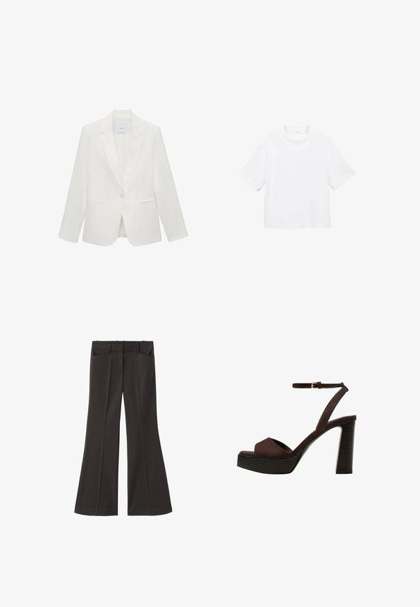 Witte op maat gemaakte blazer met een geknipt revers, enkele knoopsluiting, twee voorzakken en een gladde textuur.; Witte katoenen t-shirt met korte mouwen en een ronde hals. Eenvoudig ontwerp, losse pasvorm, gladde textuur. Geen patronen of accenten zichtbaar.; Zwarte flared broek met een hoge taille; beschikt over twee voorkeurszakken en een gladde stoftextuur. Geschikt voor verschillende gelegenheden.; Bruine suède high-heeled sandaal met een open teen, verstelbare enkelband en een gestreepte plateauzool.
