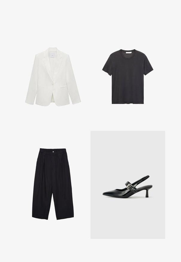 Vit skräddarsydd kavaj med slagkrage, enkel knappstängning, två framfickor och en slät struktur.; Svart t-shirt med rund halsringning tillverkad av mjuk bomull. Korta ärmar, avslappnad passform och rak fåll utan utsmyckningar eller mönster.; Svarta polyester culottbyxor med elastisk midja, två framfickor och en lös silhuett. Inga synliga mönster eller hårdvarudetaljer.; Svarta patentläder slingback-klackar med spetsig tå och en liten blockklack, med en silvrig spänneaccent på remmen.