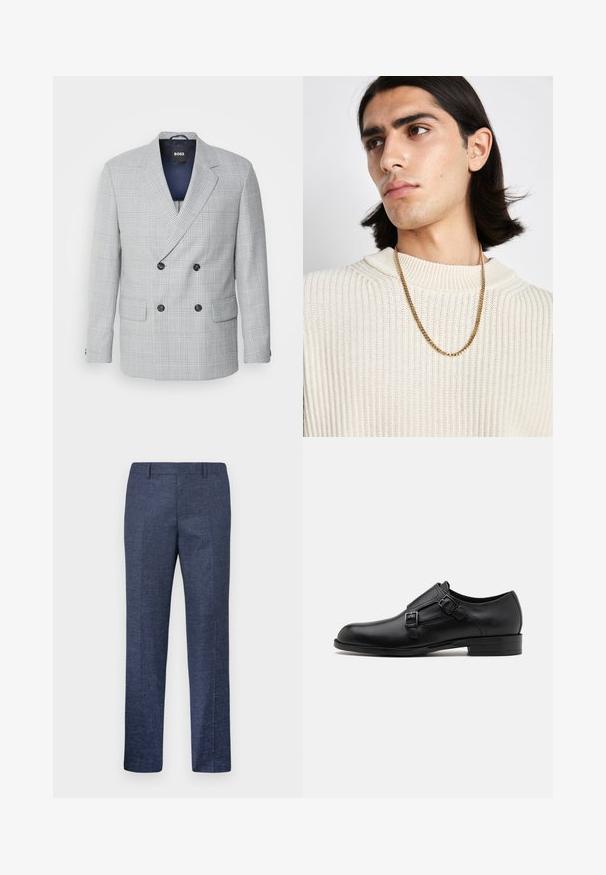 Dvojřadý blazer z světle šedé látky s kostkovaným vzorem. Má klopové límce, dvě přední kapsy a černé knoflíky.; Bílá košile s dlouhým rukávem vyrobená z bavlny, s klasickým límcem, předními knoflíky a minimálním detailem šití.; Námořnické modré kalhoty vyrobené z texturované tkaniny, s rovnými nohavicemi, plochým předním dílem a dvěma bočními kapsami. Žádné viditelné vzory ani akcenty.; Černé kožené společenské boty s dvojitými sponami, elegantní silueta a kulatá špička. Mají nízký podpatek a hladký povrch.; Zlatý řetězový náhrdelník nošený přes krémový pletený svetr s žebrovaným vzorem; měkká textura s vysokým límcem a jemným vzorem v látce.