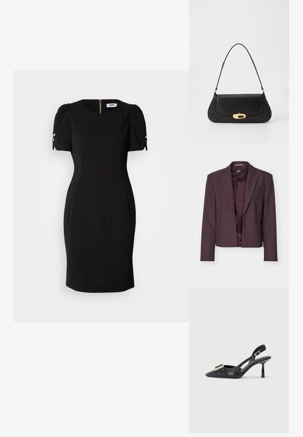 Blazer violet foncé au design ajusté, doté d'un col à revers, de manches longues et d'une fermeture à un seul bouton. Texture de tissu lisse.; Robe noire avec une silhouette ajustée, des manches courtes bouffantes et des accents décoratifs dorés. Présente une fermeture éclair au dos et un tissu lisse et texturé.; Chaussure slingback en cuir noir avec un bout pointu, un talon fin et un accent en métal doré sur le devant. Texture lisse et design structuré.; Sac à main en cuir noir avec un design incurvé, matériel doré et une poignée sur le dessus. Présente une fermeture élégante et une texture lisse.