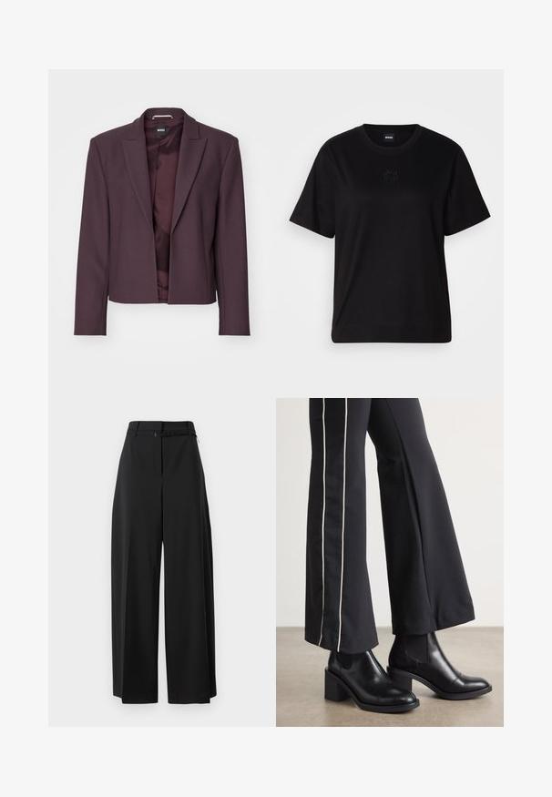Σκούρο μωβ σακάκι με κομψό σχέδιο, διαθέτει επωμίδα, μακριά μανίκια και κλείσιμο με μία κουμπί. Απαλή υφή υφάσματος.; Μαύρο βαμβακερό μπλουζάκι με στρογγυλή λαιμόκοψη, κοντά μανίκια και κεντημένο λογότυπο στο στήθος. Απλή, χαλαρή γραμμή χωρίς σχέδια.; Μαύρο παντελόνι με φαρδιά ποδιά, ψηλή μέση και ζώνη. Διαθέτει λεία υφή και καθαρές γραμμές, σχεδιασμένο για άνετη εφαρμογή.; Μαύρες δερμάτινες μπότες μέχρι τον ασρό με τετράγωνη φτέρνα, που διαθέτουν ελαστικές πλάγιες ρίγες. Συνδυασμένες με μαύρο παντελόνι που έχει λευκή πλαϊνή ρίγα.