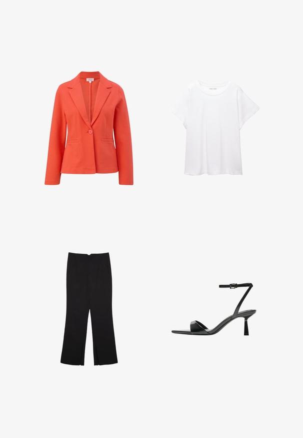 s.Oliver Blazer - hellorange; White T-shirt made of soft, lightweight fabric. Features a round neckline and short, wide sleeves with a relaxed fit. No visible patterns.; Black trousers with a straight fit, featuring front pockets and side slits at the hem. Made of soft, smooth fabric. Suitable for various occasions.; Bershka High heeled sandals - black