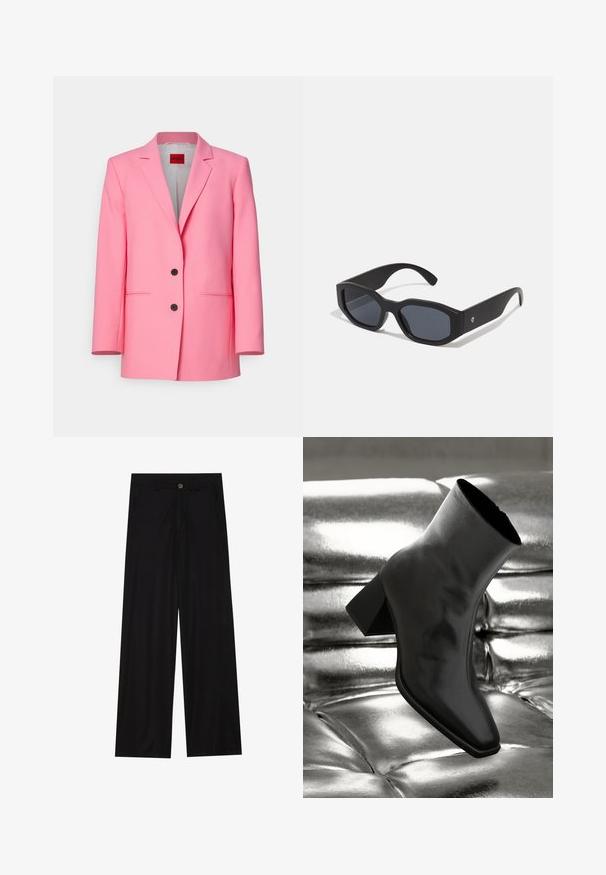 HUGO AITA - Blazer - open pink; Weißes Tanktop mit dünnen Trägern, V-Ausschnitt, tailliertem Design und gerippter Textur. Das Material wirkt weich und leicht.; Schwarz weit geschnittene Hose aus einem glatten Stoff, mit frontalen Taschen und einem Knopfverschluss an der Taille. Minimalistisches Design ohne Muster.; Schwarzer Knöchelstiefel aus glänzendem Material mit quadratischer Zehenform und verjüngtem Absatz, vor einem glänzenden silbernen gepolsterten Hintergrund.; Schwarze Sonnenbrille mit rechteckigem Rahmen, matter Oberfläche, dunklen Gläsern und leicht gebogenen Bügeln. Dezente Logoschmuck auf einem Bügel.; Silberne Metalohrringe mit einer glatten, tröpfchenförmigen Form und einer polierten Oberfläche. Subtile Gravuren fügen Details hinzu. Minimalistisches Design.