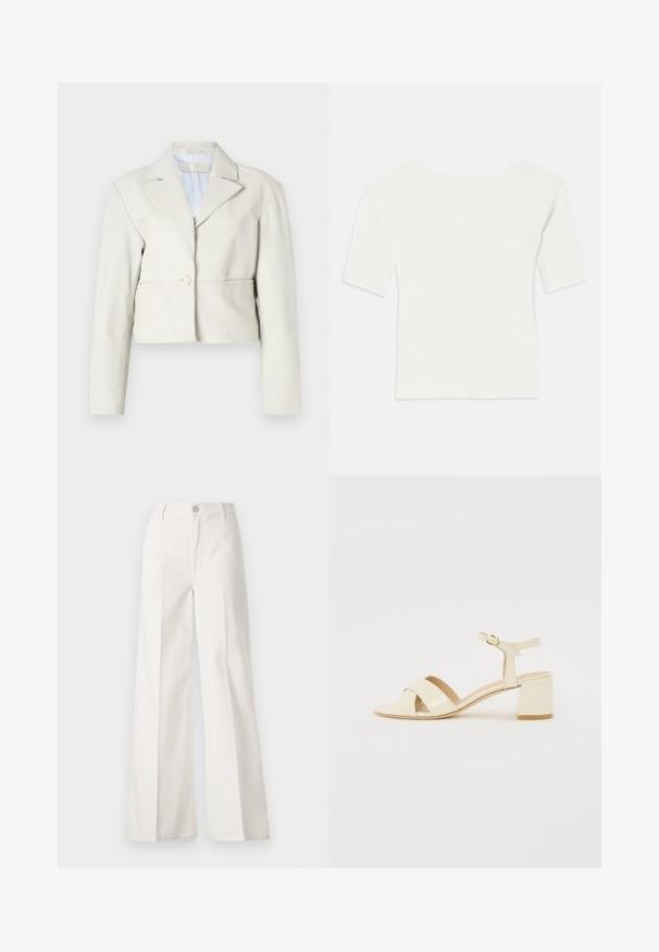 Apgriezta gaiši brūna jaka ar pogu aizdari, plašiem atloka galiem un garām piedurknēm. Gluda tekstūra ar vienkāršu, minimālistisku dizainu.; Balts ribots īsām piedurknēm tops ar plašu dekoltē. Raksts ietver vertikālas līnijas, uzsverot ciešu piegulšanu un vienkāršu dizainu.; Baltas platfita bikses, izgatavotas no kokvilnas ar gludu tekstūru. Aprīkotas ar priekšējo pogu, rāvējslēdzēju un četru kabatu dizainu.; Bežīgi patentēti ādas sandalītes ar krustenisku siksnu dizainu, atvērtu pirkstu, regulējamu potītes siksnu un bloku papēdi. Gluda tekstūra.