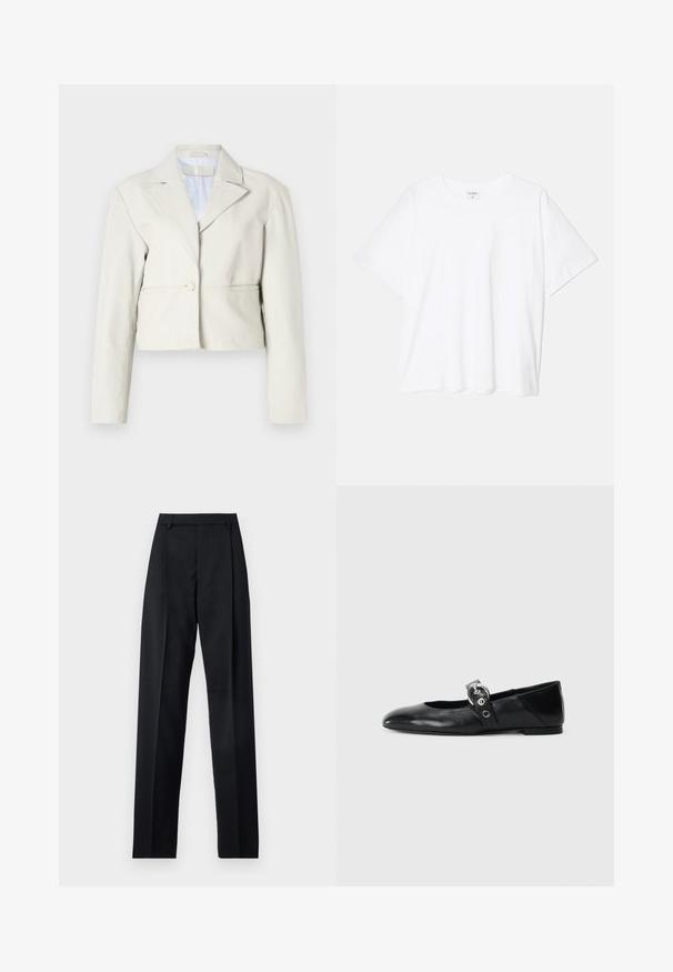 Lühendatud heledat beeži jakk, millel on nööbiga kinnitamine, laiad kraed ja pikad varrukad. Sile tekstuur ja lihtne, minimalistlik disain.; Valge puuvillane T-särk lühikeste varrukatega, ümmargune kaelus, mugav lõige ja õmmeldud serv. Silt nähtav kaela seest.; Mustad püksid siledast kangast, millel on kõrge vöökoht, laiad jalad, esimesed kortsud ja klassikalised vööloopid. Küljepockets pole nähtavad.; Mustadest nahast balleti kingad terava varbaga, millel on rihm ümmarguse metallist pandlaga ja lame tald.