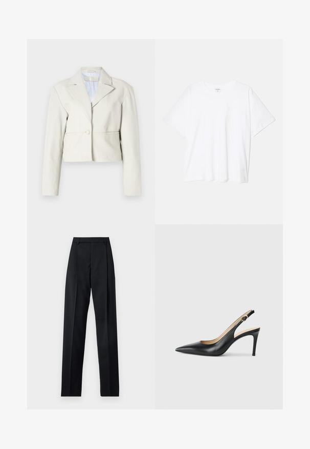 Lühendatud heledat beeži jakk, millel on nööbiga kinnitamine, laiad kraed ja pikad varrukad. Sile tekstuur ja lihtne, minimalistlik disain.; Valge puuvillane T-särk lühikeste varrukatega, ümmargune kaelus, mugav lõige ja õmmeldud serv. Silt nähtav kaela seest.; Mustad püksid siledast kangast, millel on kõrge vöökoht, laiad jalad, esimesed kortsud ja klassikalised vööloopid. Küljepockets pole nähtavad.; Mustad nahast seljataga kõrged kontsad, kellel on terav varvas, reguleeritav rihm ja sujuva viimistlusega stiilne stiletto konts.