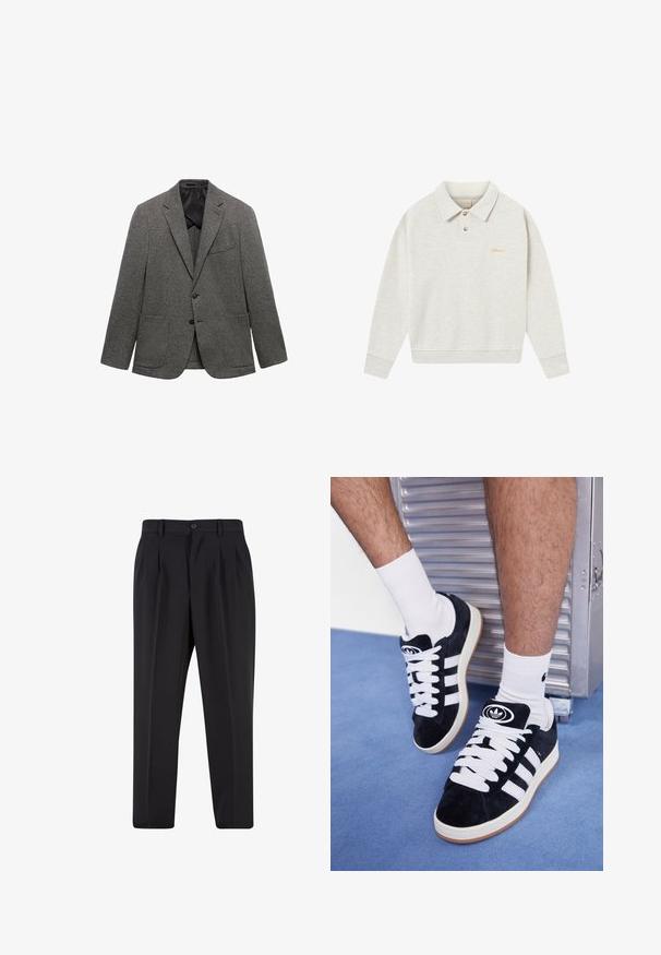 Harmaasti kuviollinen bleiseri, joka on valmistettu teksturoidusta kankaasta. Siinä on viistetty kaulus, kaksi etutaskua ja yksittäinen nappisulku.; Vaaleanharmaa polo-sweatshirt, joka on valmistettu pehmeästä kankaasta. Siinä on nappilista, ribbaatut hihansuut ja kultainen brodeerattu brändäys rinnassa.; Valkoinen puuvillapaita, jossa on pyöreä kaula-aukko, lyhyet hihat ja rento leikkaus. Ominaisuuksina yksinkertainen muotoilu ilman kuvioita tai yksityiskohtia.; Mustat housut, joissa on laskostettu etuosa, valmistettu sileästä kankaasta. Varustettu nappikiinnityksellä ja vyölenkeillä; suora lahje.; Mustat mokkasneakersit, joissa on valkoiset nauhat ja kolme valkoista raitaa. Kengissä on ympyrän muotoinen musta logo kielen päällä ja kuminen pohja.