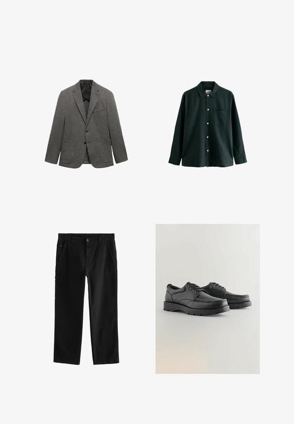 Harmaasti kuviollinen bleiseri, joka on valmistettu teksturoidusta kankaasta. Siinä on viistetty kaulus, kaksi etutaskua ja yksittäinen nappisulku.; Tummanvihreä napitettava paita, jossa on kaulus, pitkät hihat ja yksi rintatasku; siinä on valkoiset napit ja pehmeä tekstuuri.; Mustat puuvillahousut suoralla lahkeella, joissa on etu-napitus, viistot sivutaskut ja hienovaraiset ompeluyksityiskohdat.; Mustat nahkakengät, joissa on teksturoitu pinta, pyöreä kärki, nauhakiinnitys ja paksut kumipohjat, joissa on kuvio.