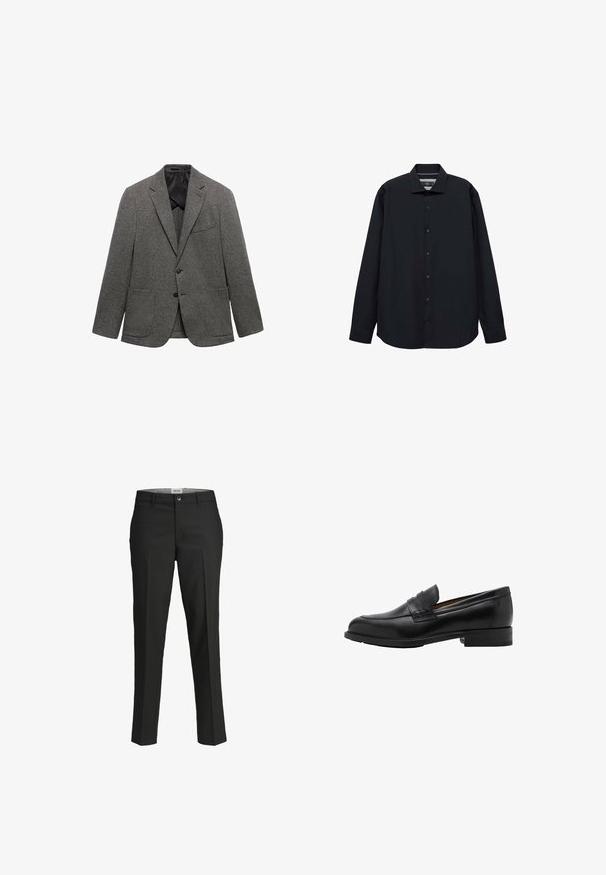 Sivi sako s uzorkom izrađen od teksturirane tkanine, s oštrim reverima, dva prednja džepa i jednim dugmetom za zatvaranje.; Crna košulja dugih rukava izrađena od glatkog materijala. Ima prednji dio na dugmad, kragnu i ležeran kroj s zaobljenim rubom.; Crne hlače, krojene u prilagodljivom fitu, glatka tkanina, srednji struk, prednje kopčanje na dugme, dijagonalni džepovi i pregibi duž nogu.; Crne kožne loafers c revama sprijeda i ravnim potplatom. Glatka tekstura s okruglim vrhom i ukrasnom trakom preko instep-a.
