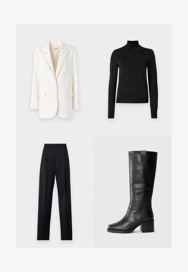 Bílý blazer se strukturovaným designem, se štíhlými klopami, dvěma knoflíky a ozdobným stříbrným prošitím podél límce a předních okrajů.; Černý dlouhý rukáv rolák se žebrovanými manžetami a lemem, vystavený na čistě bílém pozadí.; Černé kalhoty vyrobené z hladké tkaniny, vybavené vysokým pasem, širokými nohavicemi, předními záhyby a klasickými poutky na opasek. Nejsou viditelné boční kapsy.; Černé kožené kozačky až ke kolenům s hladkým povrchem, čtveratou špičkou, širokým podpatkem a bočním poutkem, se minimalizovanými švy.
