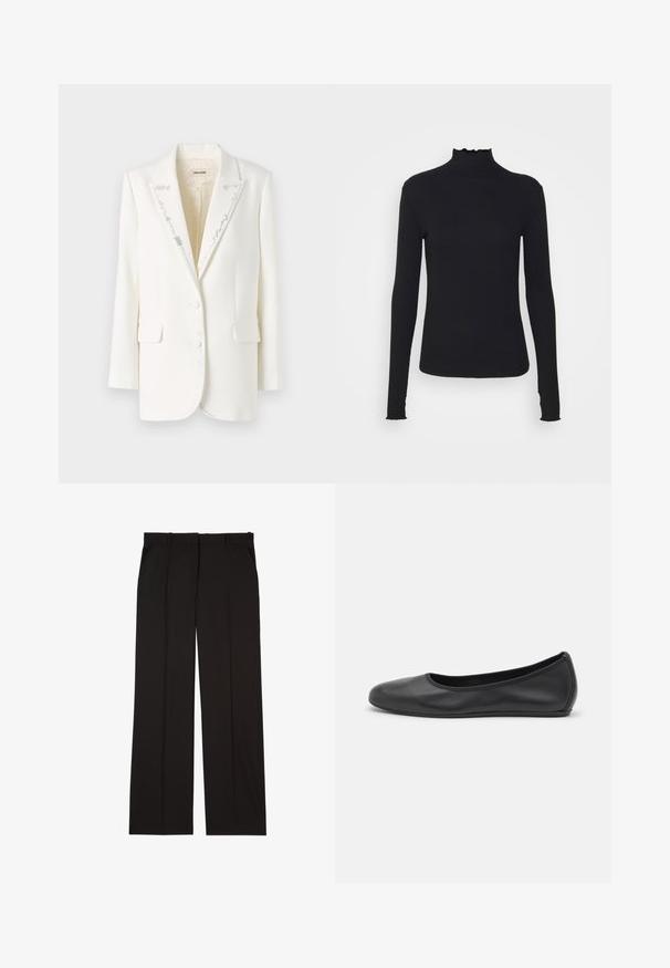 Witte blazer met een gestructureerd ontwerp, gekartelde revers, twee knopen en decoratieve zilveren stiksel langs de kraag en de voorranden.; Zwarte langärmelige turtleneck top van soepel stof, met een gerimpelde hals en een aansluitende silhouet met eenvoudige randen.; Zwarte op maat gemaakte broek van een gladde stof, met een rechte pijp en twee zijzakken. Elegante en minimalistische constructie.; Zwarte leren ballerina met een ronde neus, gladde textuur, minimale stikdetails en een flexibele zoolontwerp.