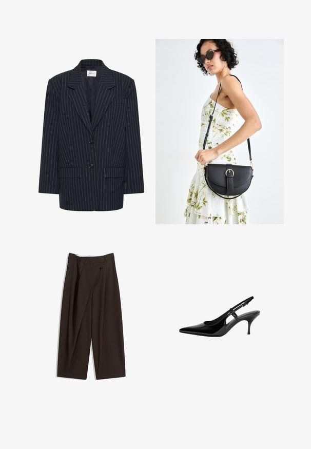 Nautički sako s prugastim uzorkom, s rebrastim ovratnikom, dva prednja džepa, dva gumba i obloženim unutrašnjim dijelom. Prilagođen kroj, strukturirani dizajn.; Bijela bez rukava majica s okruglim izrezom, blago šireg kroja i glatke teksture, izrađena od lagane tkanine. Jednostavan dizajn bez uzoraka.; Tamno smeđe široke hlače s visokim strukom, s jednim dugmadi na zakopčavanju i pregibom sprijeda. Izrađene od laganog materijala.; Crne lakirane kožne sandale sa otvorenom petom, špicastim prstom, otvorima sa strane, tankom potpeticom i podesivom trakom oko članaka.; Crna kožna torba s lukovitim oblikom, odvojivim remenom i zlatnim detaljima. Torba ima preklop s kopčom.