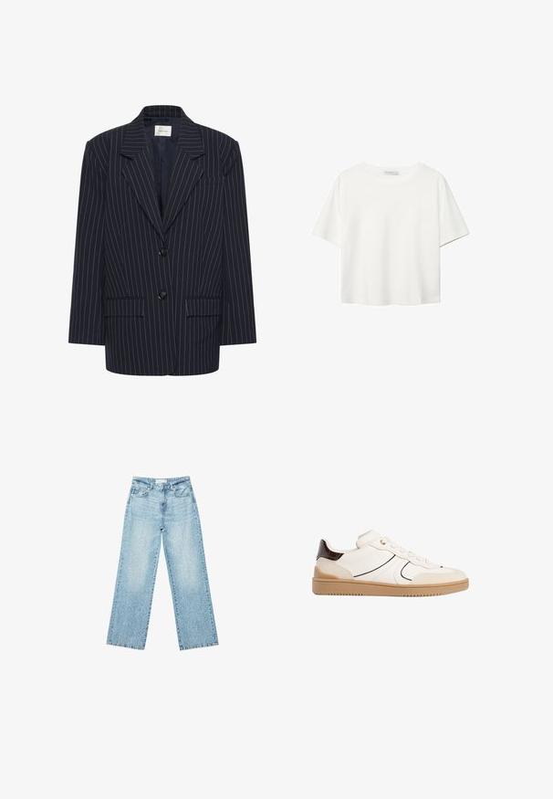 Mornarsko prugasta blazer jakna z izrezanim ovratnikom, dvema sprednjima žepoma, dvema gumboma in podloženim notranjostjo. Prilagojen fit, strukturirana zasnova.; Bela kratka majica s kratkimi rokavi iz bombaža. Ima okroglo izrezovanje in sproščen kroj. Gladka tekstura brez vidnih vzorcev ali poudarkov.; Svjetloplave široke traperice s visokim strukom, s izblijedjelim pranjem i malim, raštrkanim oštećenjima po cijelom dijelu.; Stradivarius Športni copati - white