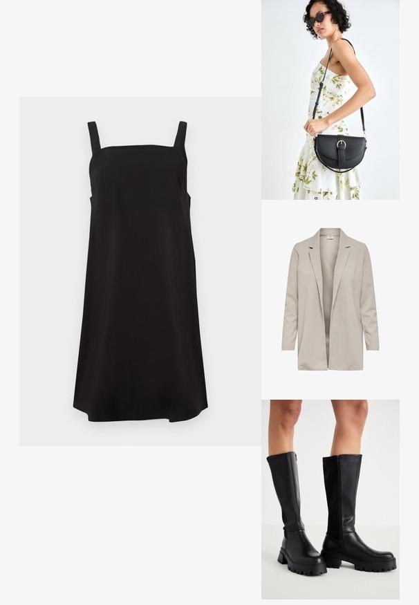 Blazer bege de mangas longas com colarinho em bico, design de frente aberta, textura suave e sem fechos ou bolsos visíveis.; Vestido preto sem mangas com decote quadrado, feito de um tecido suave, apresentando um corte solto e reto. Sem padrões ou fechos visíveis.; Botas pretas até ao joelho, feitas de imitação de couro suave, com sola robusta, fecho lateral com zíper e design de bico arredondado.; Bolsa de couro preta com forma curva, alça destacável e detalhes em dourado. A bolsa possui uma aba com detalhe de fivela.