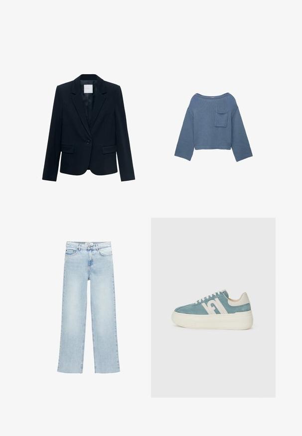 Námornícky modrý strihový blejzer s dlhými rukávmi, jedným čiernym gombíkom, klopovým golierom a dvoma prednými vreckami s klopou.; Modrý pletený krémový sveter s dlhými rukávmi a širokým výstrihom, s malou náprsní kapsičkou na ľavej strane.; Svetlo modré široké džínsy vyrobené z denimu s vysokým pásom, piatimi vreckami a zapínaním na gombíky. Obsahujú minimálne švy.; Tenisky z svetlomodrého semišu s bielou gumovou podrážkou. Obsahujú biele branding na boku a tonálne šitie. Dizajn so šnurovaním a polstrovaným golierom.