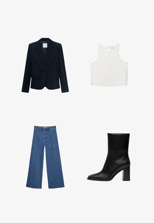 Navy plavi krojeni sakou s dugim rukavima, zatvaranjem na jedan crni gumb, rever kragnom i dva prednja džepa s preklopom.; Bijela bezrukavna majica s okruglim izrezom, koja ima suptilnu teksturu, detalj u obliku ključa na leđima i ravni rub.; Široke traperice u srednje plavoj boji, s visokim strukom, zatvaranjem na dugme i kontrastnim vertikalnim šavovima duž prednje strane.; Crne gležnjače od glatke kože, sa šiljastim prstom i masivnom pravokutnom petom. Minimalistički dizajn bez ukrasa.