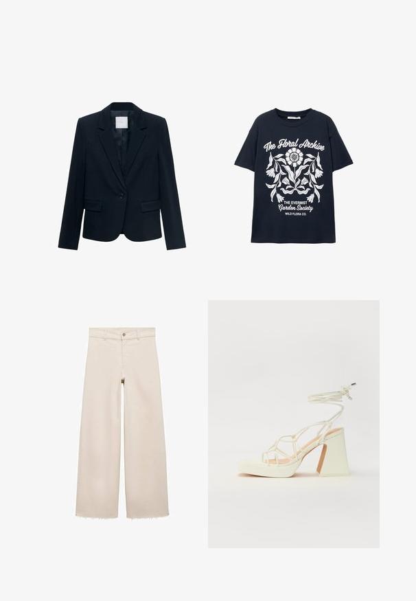 Námornícky modrý strihový blejzer s dlhými rukávmi, jedným čiernym gombíkom, klopovým golierom a dvoma prednými vreckami s klopou.; Námornícke tričko s krátkym rukávom s bielym kvetinovým grafickým motívom a textom "Kvetinový archív," "Spoločnosť Evermist Garden" a "Wild Flora Co."; Beige široké džínsy s vysokým pásom, s gombíkovým zapínaním, prednými vreckami a rozstrapkaným lemom. Vyrobené z denimu.; Biele sandále na vysokom opätku s hrubým podpätkom, s pruhovaným dizajnom a viazaním na členku. Hladký povrch s platformou vpredu pre zvýšenú výšku.