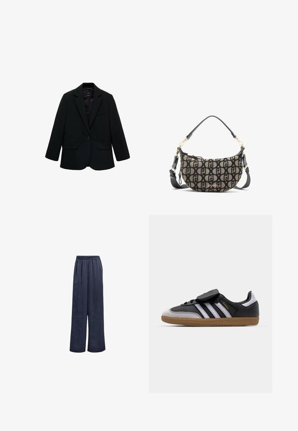 Čierny blejzer vyrobený z hladkej tkaniny. Má jediné zapínanie na gombík, klopové reverzné golier a dve predné vrecká. Jednoduchý, prispôsobený dizajn.; Biely tielko z bavlny, s jednoduchým dizajnom a zaobleným výstrihom, s čiernym logom "HUGO" v strede. Hladká textúra.; Námornícké široké nohavice z hladkého materiálu s elastickým pásom a bez viditeľných kovových častí. Majú uvoľnený strih a dlhý dizajn.; Čierne kožené a šedé semišové tenisky s bielymi pruhmi, gumovou podrážkou, šnurovaním vpredu a suchým zipsom. Obsahujú zlaté označenie "Samba".; Hnedá a čierna plátená kabelka cez plece v tvare polmesiaca, s opakujúcim sa vzorom loga, zlatými kovovými doplnkami a odnímateľným popruhom.