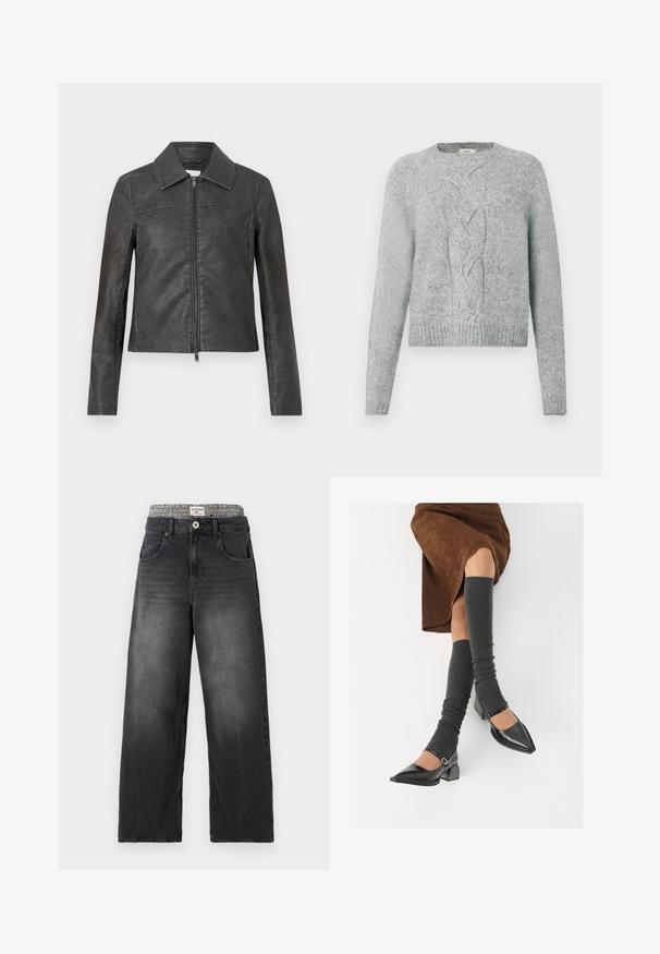 Giacca di pelle nera con colletto, chiusura anteriore con zip e maniche lunghe con dettagli di cucitura minimi.; Maglione lavorato a maglia grigio chiaro con maniche lunghe, collo a giro e motivo a trecce centrale sulla parte frontale.; Jeans neri in denim a gamba larga con una cintura a motivo houndstooth. Presentano tasche frontali e chiusura con bottone. Texture usurata.; Scarpe nere in pelle verniciata con punta affilata, tacco a blocco e cinturino alla caviglia, abbinate a scaldamuscoli grigi a coste e una gonna in suede marrone.