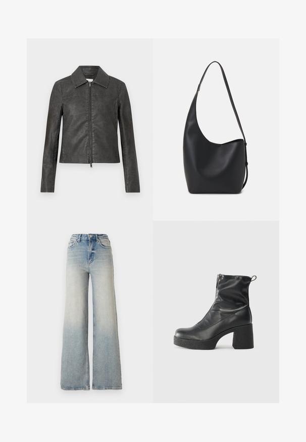 Mustat nahkatakki, jossa on kauluksellinen kaula-aukko, etuvetoketju ja pitkät hihat, joissa on minimaalista ompeluskuviota.; Musta puuvillapaita lyhyillä hihoilla, jossa on pieni vaaleanpunainen perhosgrafiikka vasemmassa rinnassa. Pyöreä kaula-aukko ja rento istuvuus.; Vaaleansiniset leveälahkeiset farkut, joissa on korkea vyötärö, viisi taskua ja näkyvät ompeleet saumoissa.; Mustat nilkkurit, jotka on valmistettu sileästä nahasta. Niissä on sivuvetoketju, paksu teksturoitu korko ja pyöristetty kärki.; Musta nahkainen hobo-laukku, jossa on sileä pinta, kaareva muoto ja yksi säädettävä olkahihna; sisäänkäynti on leveä ylhäältä.