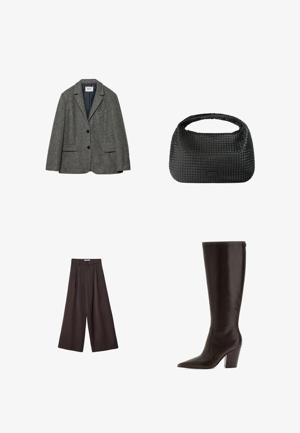 Šedý vlněný blazer se dvěma předními kapsami, klopovým límcem a zapínáním na jeden knoflík. Má hladkou modrou podšívku.; Černý rolák z měkké pleteniny. Má dlouhé rukávy a žebrované manžety a lem. Jednoduchý, klasický design bez vzorů.; Černé široké kalhoty s vysokým pasem, s předními záhyby a zapínáním na knoflík v pase, vyrobené z hladké látky.; Hnědá kožená vysoká bota po kolena s špičatou špičkou a blokovým podpatkem. Má hladký povrch a boční zip pro snadné obouvání.; Černá tkaná kabelka zaobleného tvaru s texturovaným povrchem a jedním horním držadlem. Má elegantní, minimalistický design bez viditelného kovového příslušenství.