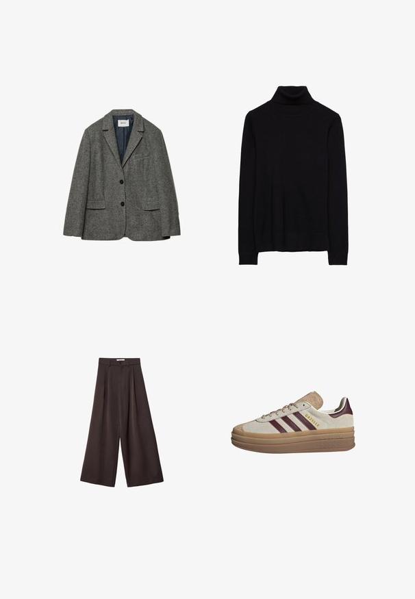 Grauer Wollblazer mit zwei vorderen Taschen, einem Reverskragen und einem Ein-Knopf-Verschluss. Mit glattem blauen Futter.; Schwarzer Rollkragenpullover aus einem weichen Strickstoff. Mit langen Ärmeln sowie gerippten Manschetten und Saum. Einfaches, klassisches Design ohne Muster.; Schwarze, weit geschnittene Hose mit hoher Taille, ausgestattet mit vorderen Falten und einem Knopfverschluss an der Taille, aus glattem Stoff gefertigt.; Beige Wildledersneaker mit maroonfarbenen Streifen, weißen Akzenten, einer klobigen, transparenten Sohle und hervorgehobenem Branding an der Seite. Schnürdesign.