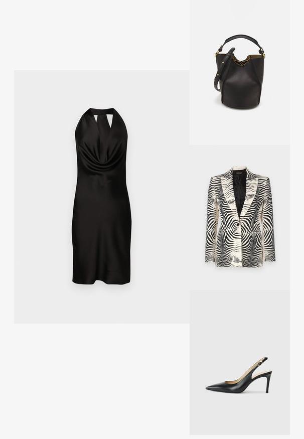 Zebra-print blazer met een gestructureerd ontwerp, enkele knoopsluiting en twee voorkanten zakken, vervaardigd uit een gladde, lichte stof.; Zwart satijnen halternekjurk met een gedrapeerde voorkant, een getailleerd silhouet en een uitsnijding bij de halslijn, die tot halverwege het bovenbeen reikt.; Zwarte leren slingback-hakken met een spitse neus, verstelbare band en een elegante stiletto-hak, met een gladde afwerking.; Zwarte leren emmer tas met een gestructureerde afwerking, gouden hardware accenten en een open bovenkant. Heeft een korte handgreep en een verstelbare schouderriem.