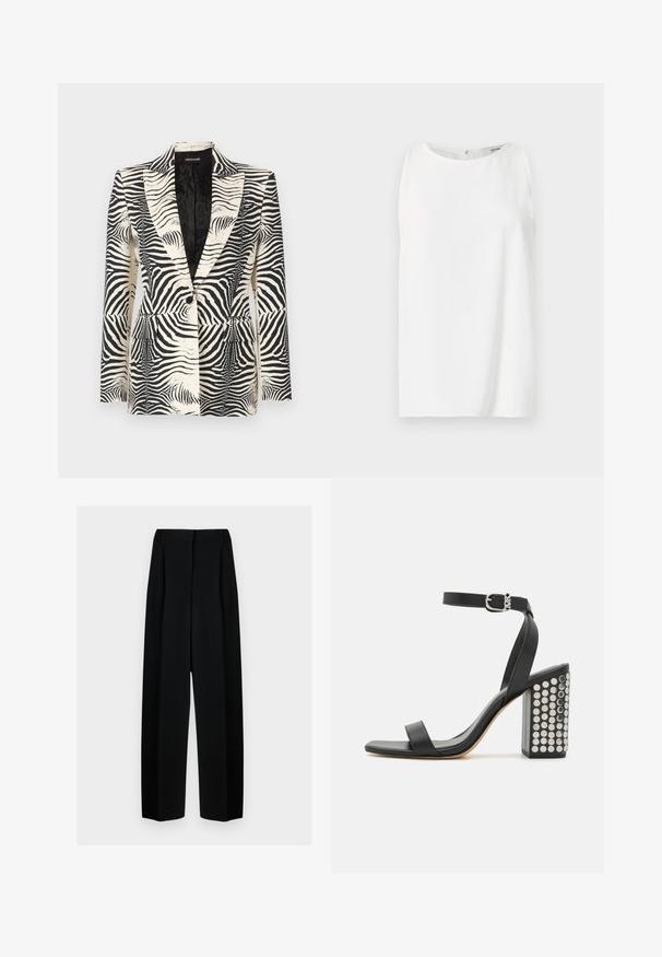 Zebra-print blazer featuring a structured design, single button closure, and two front pockets, crafted from a smooth, lightweight fabric.; Sleeveless white top made of smooth fabric, featuring a rounded neckline and a straight cut with a back closure. Simple and minimal design.; Black wide-leg trousers with a high waist, featuring pleats and a smooth texture. The fabric appears lightweight and drapes elegantly.; Black leather heeled sandals with an ankle strap. Features a square toe, smooth texture, and square block heel adorned with silver studs.