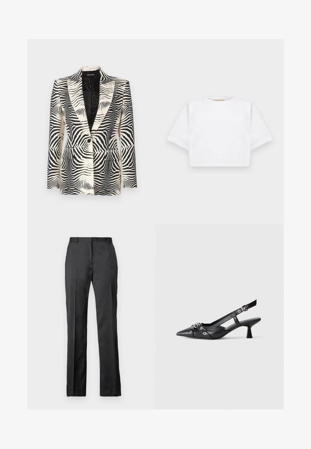 Blazer so vzorom zebry s konštruktivným dizajnom, zapínaním na jeden gombík a dvoma prednými vreckami, vyrobený z hladkého, ľahkého materiálu.; Strihnuté biele tričko vyrobené z mäkkej látky, s krátkymi rukávmi, okrúhlym výstrihom a rebrovanými detailmi na lemovaní. Jednoduchý a nezdobený dizajn.; Prispôsobené čierne nohavice z hladkej tkaniny. Majú rovný strih, plochý predok a jemné prešívanie.; Čierne kožené slingback topánky s špicatou špičkou, ozdobnými popruhmi s kovovými očkami a nízkym blokovým podpätkom. Textúrovaný povrch.