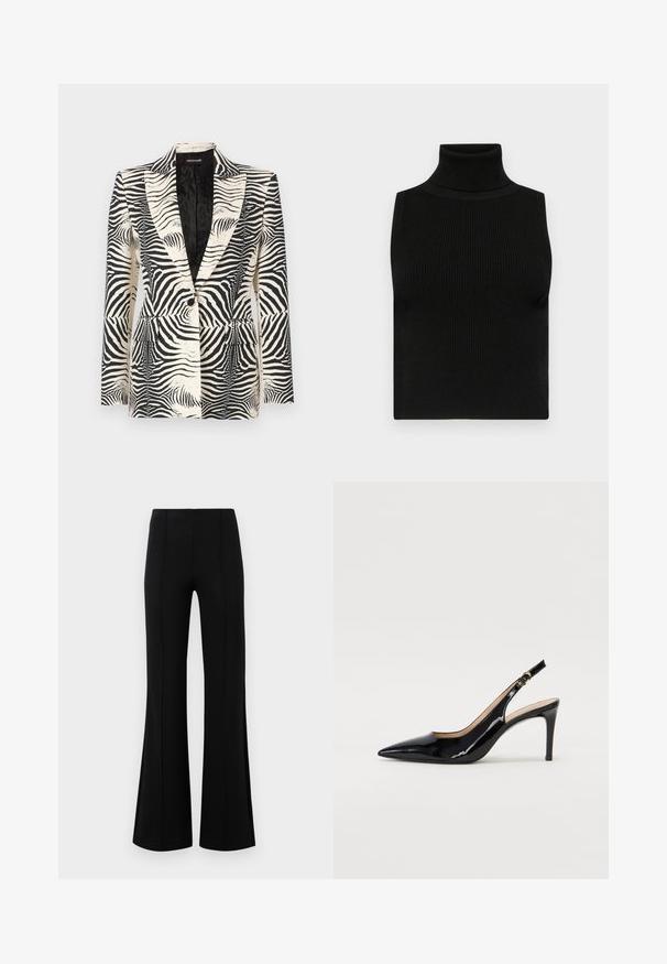 Blazer se zebřím potiskem, který se vyznačuje strukturovaným designem, jedním knoflíkem na zapínání a dvěma předními kapsami, vyrobený z hladkého a lehkého materiálu.; Černý bezrukávový rolák s žebrovanou strukturou a přiléhavým designem. Hladká tkanina s vysokým krkem a bez dalších ozdob.; Černé kalhoty s volným zakončením a vysokým pasem, vyrobené z elastického materiálu. Mají vertikální švy na přední straně a hladký povrch.; Černé lakované slingback lodičky s špičatou špičkou, úzkým podpatkem a jemným výřezem. Obsahují zlatou sponu na řemínku.