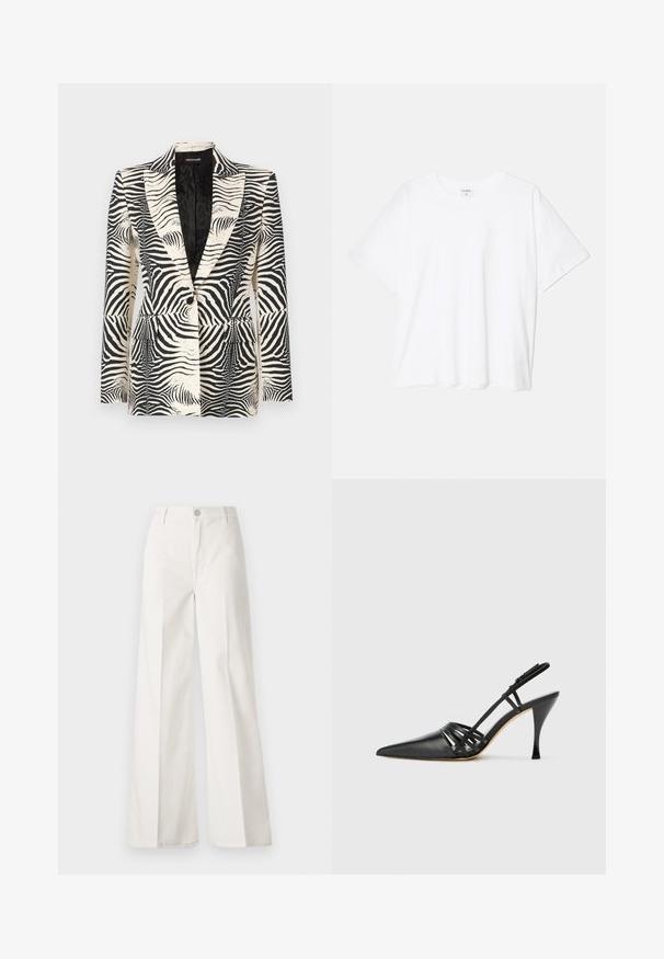 Zebra-print blazer featuring a structured design, single button closure, and two front pockets, crafted from a smooth, lightweight fabric.; White cotton t-shirt with short sleeves, round neckline, relaxed fit, and stitched hem. Label visible on the inside neck.; White wide-leg trousers made from cotton with a smooth texture. Features a front button, zipper fly, and four-pocket design.; Black leather high-heeled slingback shoe with pointed toe, crisscross strap design, and slim stiletto heel. Smooth texture and minimal accents.