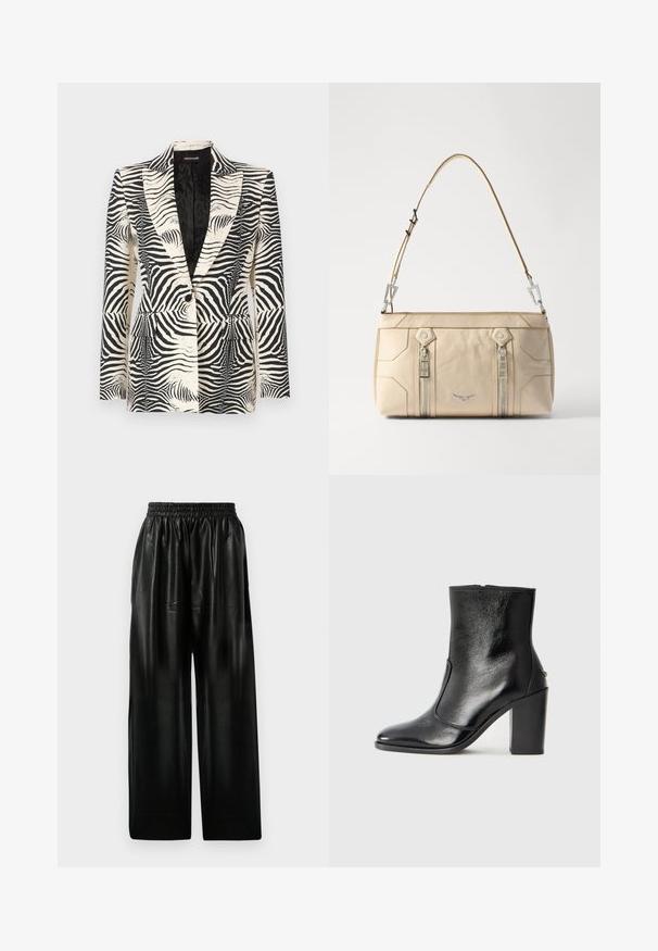Blazer a stampa zebra con un design strutturato, chiusura a un bottone e due tasche anteriori, realizzato in un tessuto liscio e leggero.; Top in cotone bianco a coste, con scollatura rotonda e spalline larghe, dotato di etichetta "AGOLDE" e taglia "S".; Pantaloni ampi in pelle nera con vita elastica, dotati di due tasche laterali e una texture liscia e lucida.; Stivale alla caviglia in pelle nera, con una superficie liscia, punta affilata e tacco alto e massiccio. Presenta una apertura laterale e un design minimalista.; Borsa a tracolla in pelle beige con finiture in argento, due zip laterali, design strutturato e tracolla rimovibile per una maggiore versatilità.