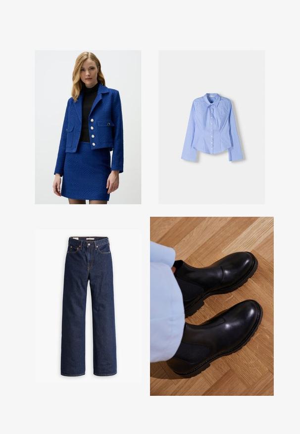 Blauwe textuurjack met een cropped ontwerp, zilveren knopen en twee voorzakken, gecombineerd met een bijpassende rok. Gedragen over een zwarte top.; Blauw en witte gestreepte langlopende overhemstel met een spreadkraag, getailleerde pasvorm en afgeronde zoom. Gestructureerd katoenen materiaal.; Donkerblauwe rechte spijkerbroek met vijf zakken, oranje stiksels en een knopen sluiting.; Zwarte enkellaarzen van soepel leer met elastische zijpanelen, een getextureerde rubberen zool en contrasterende stiklijnen langs de rand.