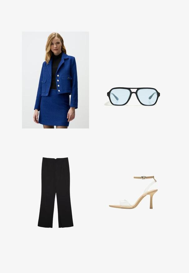 Giacca azzurra con texture e design corto, bottoni argentati e due tasche frontali, abbinata a una gonna coordinata. Indossata sopra un top nero.; Top corto senza maniche nero realizzato in tessuto liscio, con scollatura rotonda e un design pulito e semplice, privo di pattern o accessori.; Pantaloni neri a gamba dritta, con tasche frontali e spacchi laterali all'orlo. Realizzati in tessuto morbido e liscio. Adatti a diverse occasioni.; Sandal con tacco trasparente e parte superiore trasparente, plantare beige e una sottile cinghia alla caviglia. Presenta una punta appuntita e un tacco alto e sottile.; Occhiali da sole neri con montatura rettangolare, lenti blu e un design del ponte distintivo. Finitura elegante, texture sobria.