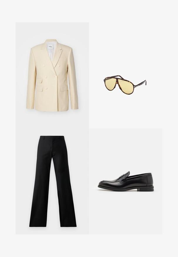 Dubbellaags blazer in lichtbeige linnen, met vier voorzakken en ronde knopen. Schone lijnen en een op maat gemaakte uitstraling.; Lichtroze blouse met lange mouwen, knopen en een puntige kraag, parelmoeren knopen en een klein geborduurd polospelerslogo op de borst.; Zwarte wijde broek gemaakt van een gladde stof. Heeft een middelhoge tailleband en plooien aan de voorkant, wat zorgt voor een getailleerd silhouet.; Zwarte leren instappers met een gladde textuur, ronde neus en een decoratieve band over de wreef. Lage, gestapelde hak en minimalistisch ontwerp.; Schildpad zonnebril met gele lenzen. Pilootvorm met dubbele brug en metalen accenten. Glad oppervlak en slank ontwerp.; Parelketting met een zilverkleurige sluiting. Kenmerkt ronde witte parels en een decoratief, met rhinestones bezet middelpunt.