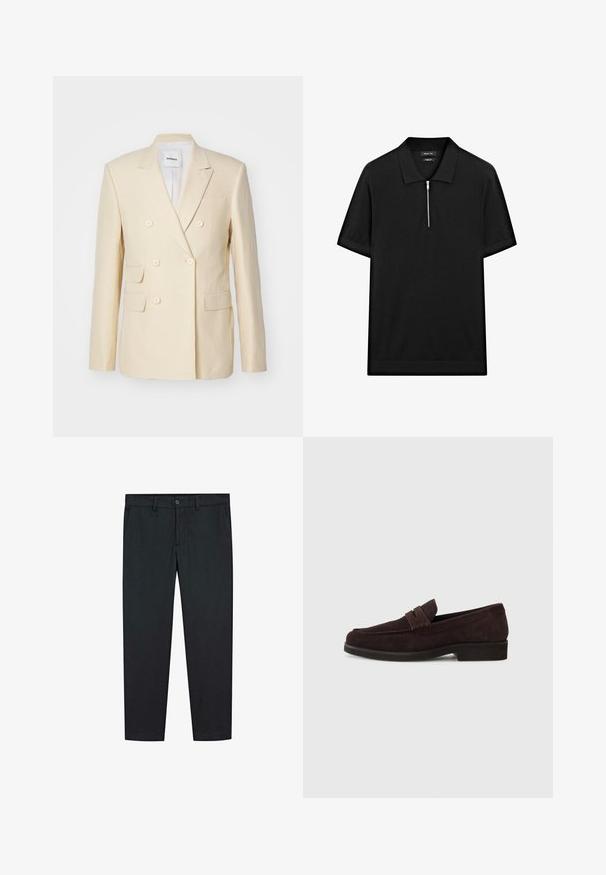 Dubbellaags blazer in lichtbeige linnen, met vier voorzakken en ronde knopen. Schone lijnen en een op maat gemaakte uitstraling.; Zwarte polo met korte mouwen, een staande kraag en een rits aan de voorkant. Gemaakt van een gladde stof met een schoon, minimalistisch ontwerp.; Zwarte broek met een recht ontwerp, gemaakt van een soepele stof. Bevat twee voorzakken en een knoopsluiting bij de taille.; Bruine suède loafers met een lage profiel en ronde neus. Heeft een decoratieve band over de bovenkant, een platte rubberen zool en geen zichtbare stiksels.