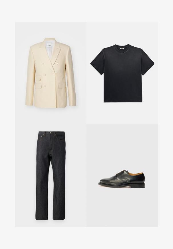 Dubbellaags blazer in lichtbeige linnen, met vier voorzakken en ronde knopen. Schone lijnen en een op maat gemaakte uitstraling.; Zwarte katoenen t-shirt met een ronde halslijn en korte mouwen. Heeft een ontspannen pasvorm, een gladde textuur en een minimalistisch ontwerp.; Donkerblauwe denim jeans met een recht model. Voorzien van vijf zakken, oranje stiksels en een knoopsluiting bij de taille.; Zwarte leren nette schoen met een gladde afwerking, ronde neus en minimale veters. Beschikt over een subtiel ontwerp en een lage, stevige rubberen zool.