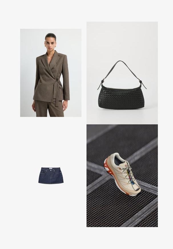 Donna dai capelli raccolti che indossa un blazer avvolgente a scacchi marroni con pantaloni coordinati e orecchini a cerchio dorati, in piedi davanti a uno sfondo bianco.; Maglione lavorato a maglia grigio chiaro con scollo rotondo, spalle scese e maniche lunghe. Texture morbida con orlo e polsini a coste.; Gonna mini in denim blu scuro con vita aderente, tasche frontali e chiusura con bottone metallico. Texture liscia e taglio classico.; Scarpa da corsa beige con accenti arancioni, progettata con una parte superiore testurizzata, suola nera e lacci integrati. Presenta il marchio GORE-TEX.; Borsa a spalla nera intrecciata con tracolla in pelle liscia e chiusura con zip. Presenta una superficie texturizzata e una forma curvata.