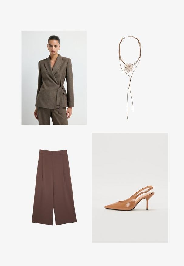 Kobieta z gładko zaczesanymi włosami, ubrana w brązową, w kratę marynarkę zapinaną w talii, do której nosi pasujące spodnie i złote kolczyki w kształcie kół, stojąca na tle białym.; Massimo Dutti - Top; Brązowe spodnie o szerokich nogawkach z gładką fakturą, z wysokim stanem i plisami z przodu. Materiał jest lekki i luźno opada.; Sandały na obcasie z kwadratowym noskiem, wykonane z gładkiego, błyszczącego materiału w kolorze brązowym. Charakteryzują się zaokrąglonym wycięciem i smukłym obcasem typu stiletto. Detal w postaci srebrnej klamry.; Stradivarius - Naszyjnik