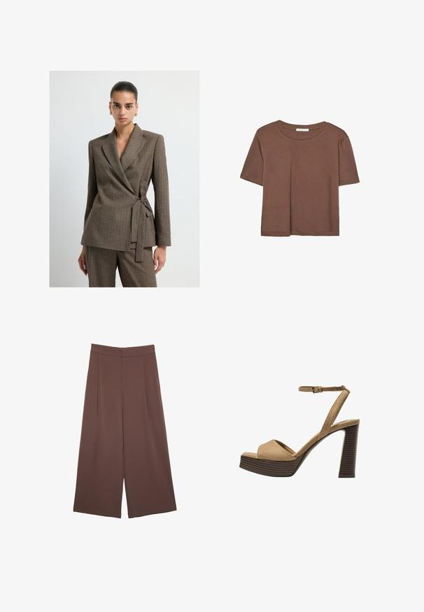 Žena s hladce uhlazenými vlasy, oblečená v hnědém kostkovaném zavinovacím blazeru s odpovídajícími kalhotami a zlatými kruhovými náušnicemi, stojící na bílém pozadí.; Hnědé tričko s krátkým rukávem vyrobené z měkké látky, s kulatým výstřihem a volným střihem. Bez viditelných vzorů nebo dekorací.; Hnědé široké kalhoty s hladkou texturou, vysokým pasem a předními záhyby. Materiál je lehký a volně splývá.; Bežové semišové sandály na vysokém podpatku s širokým předním páskem a páskem kolem kotníku, s masivním dřevěným blokovým podpatkem s texturovaným povrchem.