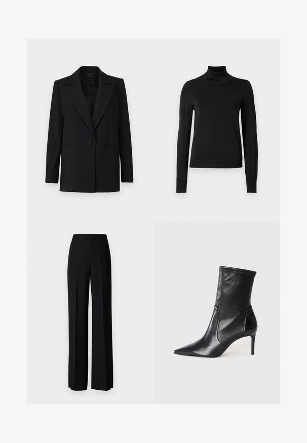 Zwarte blazer met een enkele knoopsluiting, piek revers en twee zijzakken. Gemaakt van gladde stof met een op maat gemaakte pasvorm.; Zwarte trui met lange mouwen en col, voorzien van geribde manchetten en zoom, weergegeven op een effen witte achtergrond.; Zwarte wijde broek met een gladde textuur, voorzien van een hoge tailleband en middelste plooien. Geen zichtbare patronen of hardware-details.; Zwarte enkelboots van soepel leer, met een spitse neus, een aangesloten schacht en een slanke hoge hak. Minimalistisch ontwerp zonder zichtbare hardware.