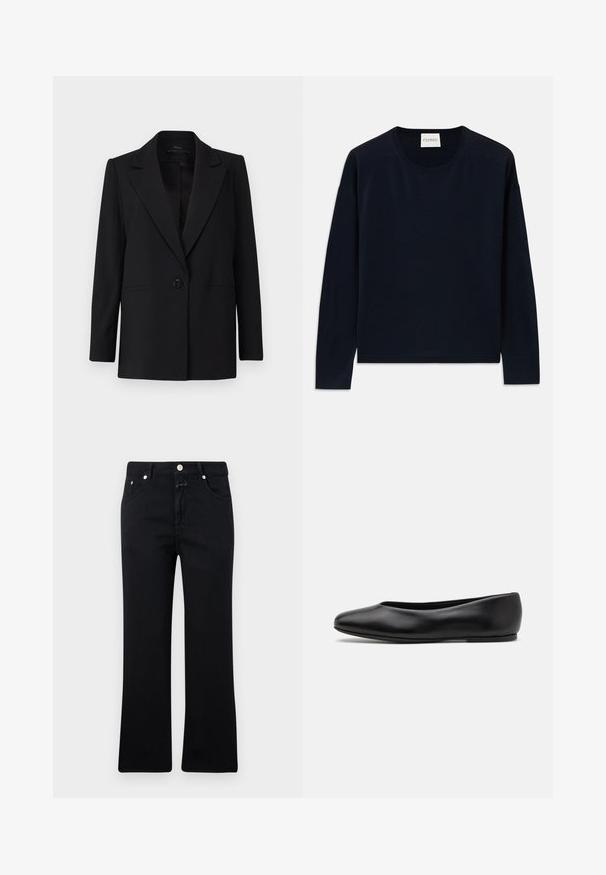 Sort blazer med enkelt knaplukning, spidse lapeller og to sidelommer. Lavet af glat stof med en skræddersyet pasform.; Marineblå langærmet crewneck top i blødt, glat stof med en afslappet pasform. Har ribkantede ærmer og kant, samt et label ved nakken.; Sorte jeans med lige ben, fem-lomme stil, metalhardware og en blød denimtekstur. Minimalistisk og ensartet i farven.; Paul Smith TOPANGA - Ballerinasko - black