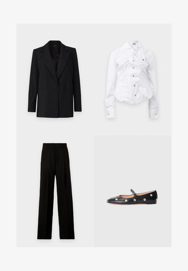 Black blazer with a single button closure, peak lapels, and two side pockets. Made of smooth fabric with a tailored fit.; White long-sleeve shirt with a fitted design. Features a large collar, front button closure with brown buttons, and a small embroidered logo.; Black wide-leg trousers made of smooth fabric, featuring a high waist, front pleats, and a clean, tailored design without embellishments.; Black leather Mary Jane flat shoe with a rounded toe, featuring silver circular studs and an adjustable strap with a buckle.