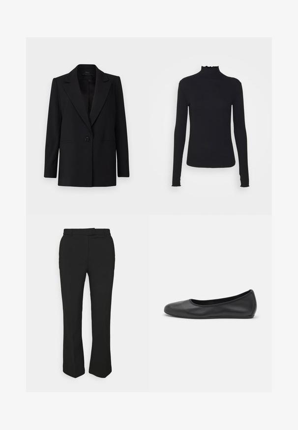 Zwarte blazer met een enkele knoopsluiting, piek revers en twee zijzakken. Gemaakt van gladde stof met een op maat gemaakte pasvorm.; Zwarte langärmelige turtleneck top van soepel stof, met een gerimpelde hals en een aansluitende silhouet met eenvoudige randen.; Zwarte op maat gemaakte broeken met een recht gesneden ontwerp, voorzien van riemlussen en zijzakken. Gemaakt van een gladde stof met een nette afwerking.; Zwarte leren ballerina met een ronde neus, gladde textuur, minimale stikdetails en een flexibele zoolontwerp.