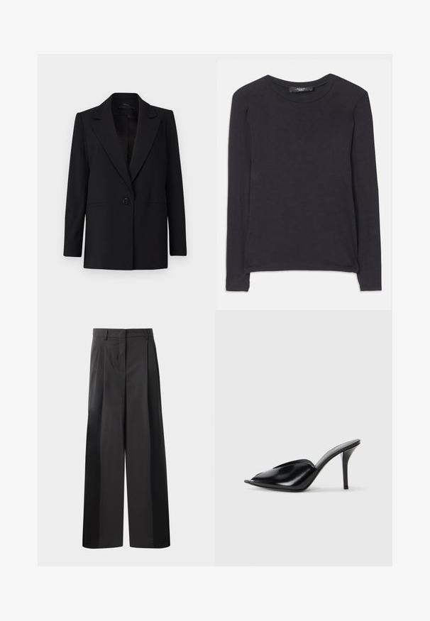 Sort blazer med enkelt knaplukning, spidse lapeller og to sidelommer. Lavet af glat stof med en skræddersyet pasform.; Sort langærmet skjorte med rund hals, lavet af blødt stof. Har et enkelt design og diskrete syninger langs sømmen.; Sort brede bukser med høj talje, med folder foran, en glat tekstur og en skræddermæssig finish. Designet til en afslappet pasform.; Sorte læder højhælede mules med åbent tådesign, spidse former, glat tekstur og en slank stiletto hæl.