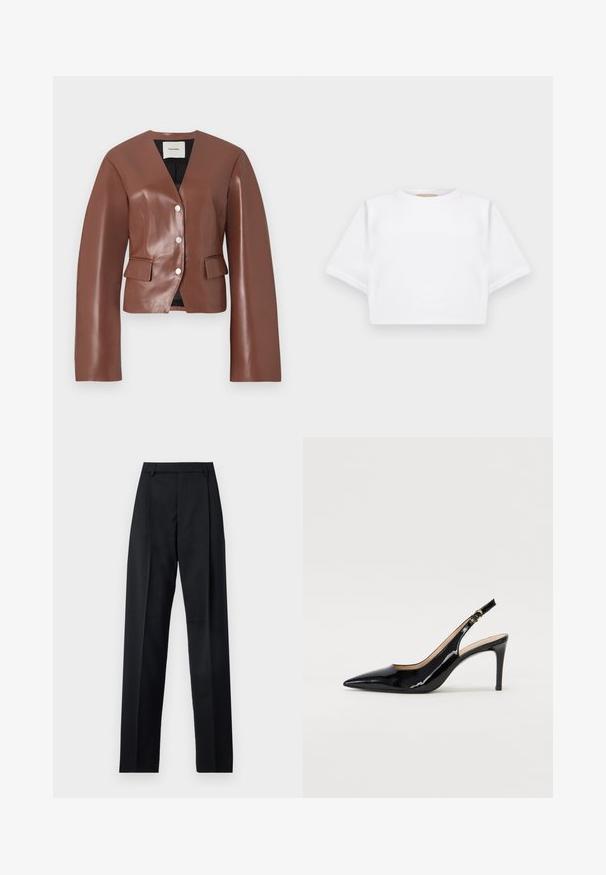 Pruun kunstnahast bleiser, millel on V-kaelus, pikad varrukad, esine nupplukuga ja kaks eesmist taskut. Sile tekstuur kerge läikega.; Lühikeste varrukatega, pehmest kangast lõigatud valge T-särk, millel on ümar kaelus ja soonikuga ääred. Lihtne ja ilma kaunistusteta disain.; Mustad püksid siledast kangast, millel on kõrge vöökoht, laiad jalad, esimesed kortsud ja klassikalised vööloopid. Küljepockets pole nähtavad.; Must hõbedavärvi patendiga slingback kontsakingad terava varbaga, kitsas konts ja peene lõikega disain. Statistika on kuldne pandla rihmal.